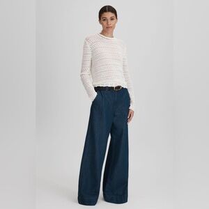 Reiss Women's White Sim Crochet Knit Open Stitch Scalloped Trim Crew Neck top M